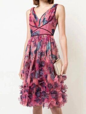 Marchesa Notte Dress Anthropologie Pink Floral Applique Cocktail Print Size XS 0